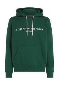 Zelená bavlněná mikina s kapucí, s kapsou vpředu, šňůrkami a bílým vyšíváním "TOMMY HILFIGER EST. 1985" přes hrudník.