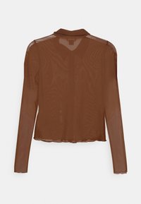 Brown sheer long-sleeve mesh top with collar, visible seams, and slightly wavy hem, shown flat against white background.
