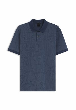 Marineblauw poloshirt met korte mouwen, subtiel bloemmotief en een twee-knops gulp, voorzien van een kraag en omslagen aan de mouwen.