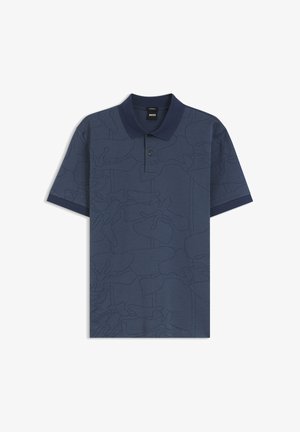 Marineblauw poloshirt met korte mouwen, subtiel bloemmotief en een twee-knops gulp, voorzien van een kraag en omslagen aan de mouwen.