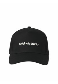 Must must kaariga, millel on kõverhari, valmistatud kangast, esiküljel on valge brodering "Originals Studio". Tekstuuriga pind ilma täiendavate detailideta.