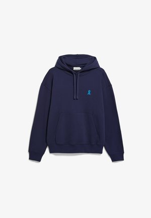 Donkerblauwe hoodie gemaakt van een katoenmix, met een zak aan de voorkant, een capuchon met trekkoord en een klein turkoois lintdetail op de borst.