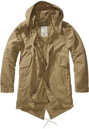 Leichte Parka-Jacke in Tan mit Kapuze, ausgestattet mit vorderen Druckknopftaschen, einem Reißverschluss, einem Kordelzug am Saum und weicher Innenauskleidung.