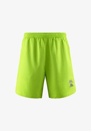Pantaloni sportivi verde lime con cintura elastica, realizzati in materiale leggero, con un piccolo logo grigio sulla gamba sinistra in basso.