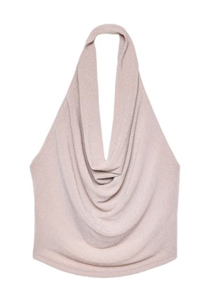 Haut à col halter drapé en tricot beige clair, présentant un décolleté profond et une silhouette fluide avec une texture lisse.