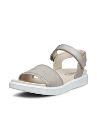 Beige open teen sandaal met een brede voorste band, verstelbare enkelband, gevoerde voetbed en dikke witte rubberen zool.