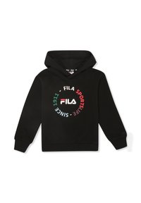 Sudadera negra de FILA con un logotipo circular en blanco, rojo, verde y azul que dice "FILA SPORTSLIFE SINCE 1911" en el frente.