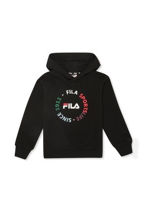 Felpa nera FILA con un logo circolare in bianco, rosso, verde e blu con la scritta "FILA SPORTSLIFE SINCE 1911" sul davanti.