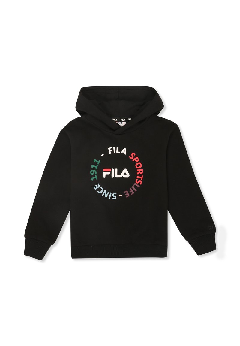Sudadera negra de FILA con un logotipo circular en blanco, rojo, verde y azul que dice "FILA SPORTSLIFE SINCE 1911" en el frente.