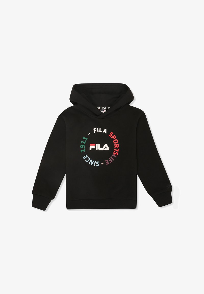 Felpa nera FILA con un logo circolare in bianco, rosso, verde e blu con la scritta "FILA SPORTSLIFE SINCE 1911" sul davanti.