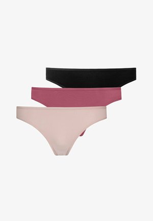 Drei Paar Damen-Tangas in Schwarz, Pink und Hellpink. Jedes Paar hat einen glatten Stoff und einen tief sitzenden Bund, mit einem schlichten Design.