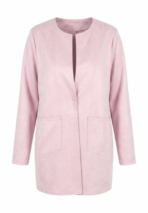 Světle růžová bunda s dlouhým rukávem a kulatým výstřihem, jemnou puntíkovanou texturou, předním zapínáním na patentky a dvěma velkými předními kapsami.