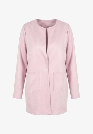 Světle růžová bunda s dlouhým rukávem a kulatým výstřihem, jemnou puntíkovanou texturou, předním zapínáním na patentky a dvěma velkými předními kapsami.