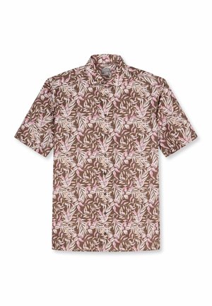 Chemise à manches courtes avec boutons, base marron et motif floral feuillu rose et beige, col ouvert, posée à plat sur fond blanc.