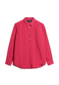 Rode linnen blouse met lange mouwen en een button-down kraag, voorste knoopsluiting en enkele manchetten. Heeft een subtiele textuur en een relaxte pasvorm.