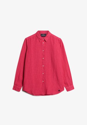 Rode linnen blouse met lange mouwen en een button-down kraag, voorste knoopsluiting en enkele manchetten. Heeft een subtiele textuur en een relaxte pasvorm.