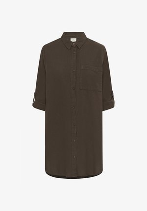 Camicia button-up marrone scuro, maniche lunghe con funzione di risvolto, taschino sul petto, tessuto morbido, orlo dritto e colletto.