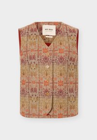 Αμάνικο γιλέκο με κουμπιά και V-λαιμόκοψη, με πολύχρωμο λουλουδένιο και γεωμετρικό σχέδιο σε αποχρώσεις πορτοκαλί, κίτρινου και μπορντό.