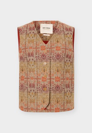 Αμάνικο γιλέκο με κουμπιά και V-λαιμόκοψη, με πολύχρωμο λουλουδένιο και γεωμετρικό σχέδιο σε αποχρώσεις πορτοκαλί, κίτρινου και μπορντό.