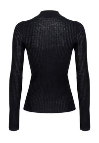 Pull noir à côtes avec manches longues, taille cintrée et col montant, vu de dos sur fond blanc.