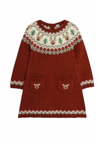 Abito lavorato a maglia rosso con scollatura rotonda, yoke decorato con renne, alberi e disegni geometrici; due tasche con motivi di renne.