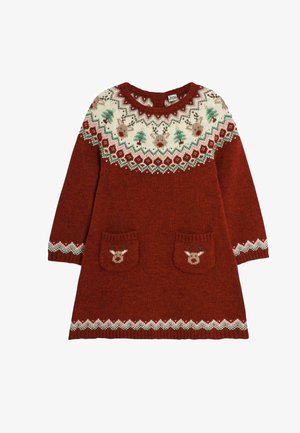 Abito lavorato a maglia rosso con scollatura rotonda, yoke decorato con renne, alberi e disegni geometrici; due tasche con motivi di renne.