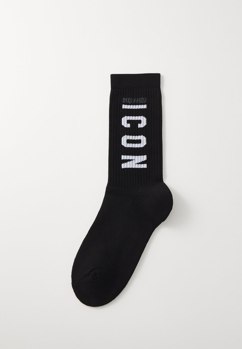 Black ribbed socks featuring a prominent white text logo "ICON" on the side. Material appears soft, with a seamless toe design.