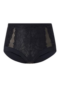 Hochtaillierte schwarze Lingerie mit Spitze, die Blumenmuster und transparente Einsätze an den Seiten aufweist. Glattes Material und blickdichter Boden.