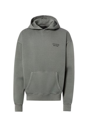 Sweat à capuche gris avec poche kangourou sur le devant et petit texte "PEGADOR Exercises & Gears" sur la poitrine gauche.