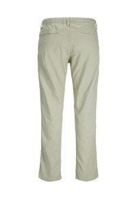 Pantalon en coton beige avec une coupe droite, une taille élastique et deux poches arrière. Texture lisse sans motifs ni accents visibles.
