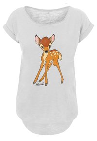 Svetlo šedé tričko s krátkym rukávom, na ktorom je grafika karikatúry jeleňa s hnedými a oranžovými detailmi a bielymi škvrnami. Pod obrázkom je text "Bambi".