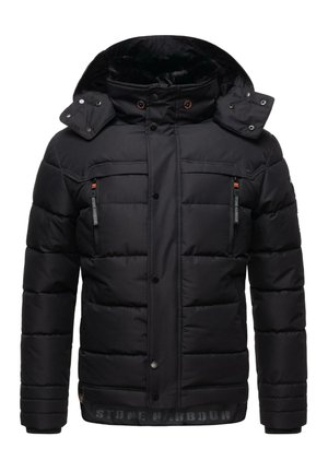 Zwarte pufferjacket met een capuchon, voorzien van twee voorzakken met rits, elastische manchetten en een logo op de zoom. Glad textiel.