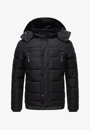 Schwarze Pufferjacke mit Kapuze, ausgestattet mit zwei Frontreißverschlusstaschen, elastischen Bündchen und einem Logo am Saum. Glattes, strukturiertes Gewebe.