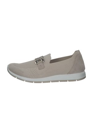 Beige Strick-Slipper mit einer dekorativen metallischen Schnalle und glatten, strukturierten Akzenten. Gummisohle mit subtilen Profilmerkmale.