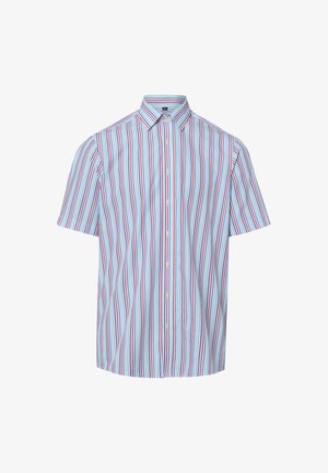 Korte mouwen blouse met knopen en verticale strepen in blauw, rood, paars en wit op een lichte achtergrond.