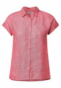 Camisa de lino de manga corta y cuello en rayas rojas y blancas, con cierre de botones en la parte delantera y puños enrollados. Textura suave.