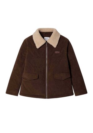 Braune Cordjacke mit beigem Fleece-Kragen, Vorderreißverschluss und zwei Klappentaschen in der Taille.