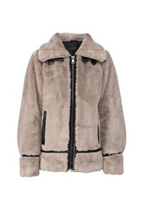 Faux fur-jacka i beige, med dragkedja fram, svart kant, bred krage och sidofickor. Mjuk textur med en avslappnad passform.