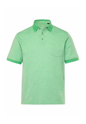 Světle zelená polokošile s texturovanou tkaninou, kontrastním tmavě zeleným límcem a manžetami na rukávech, tříknoflíkovou légou a malou náprsní kapsou.