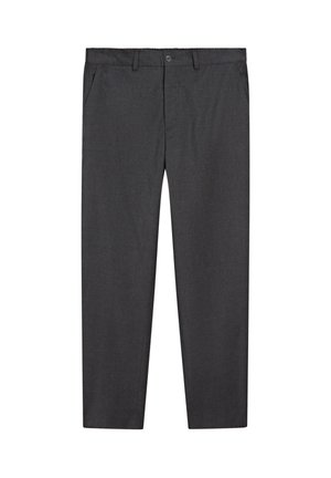 Gray trousers made from a soft fabric, featuring a straight leg design, two front pockets, a button closure, and a classic waistband.