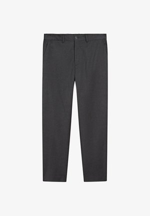 Gray trousers made from a soft fabric, featuring a straight leg design, two front pockets, a button closure, and a classic waistband.
