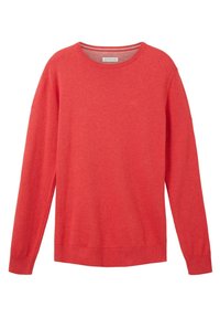 Pull pour homme à manches longues, col ras du cou, de couleur corail rouge, avec poignets et ourlet côtelés, texture en maille unie, et petit logo sur la poitrine.