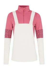 Dlhý rukáv atletického trička v ružovej a bielej farbe, s vysokým golierom, polovičným zipsom vpredu a vzorovanými rukávmi s bodkovaným dizajnom.