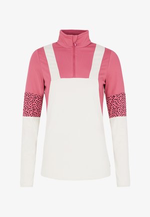 Długi rękaw sportowy top w kolorze różowym i białym, z wysokim kołnierzem, półzamkiem z przodu oraz wzorzystymi rękawami w plamkowanym deseniu.