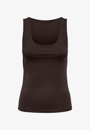 Mouwloze bruine tanktop met brede ronde halslijn en aansluitend model, gepresenteerd tegen een witte achtergrond.