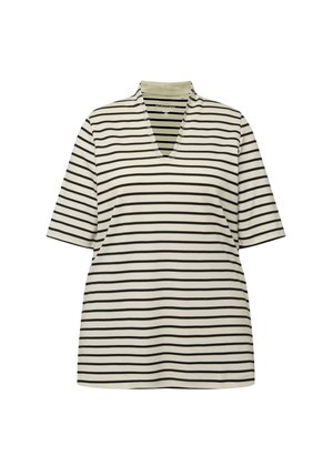 Hvid kortærmet skjorte med sorte vandrette striber og V-udskæring.