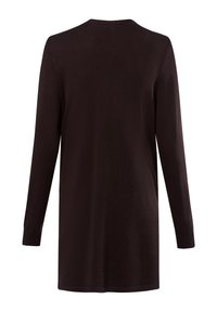 Sweter z długim rękawem w ciemnym brązowym kolorze, o okrągłym dekolcie i luźnym kroju. Wykonany z miękkiego materiału dzianinowego, z prążkowanymi mankietami i dołem.