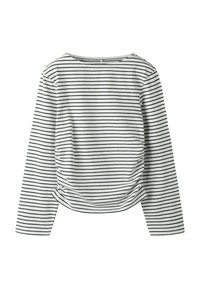 Valkoinen pitkähihainen paita mustilla vaakaraitoja, pyöreällä pääntiellä ja takana kerätty yksityiskohta. Pehmeä kangas.