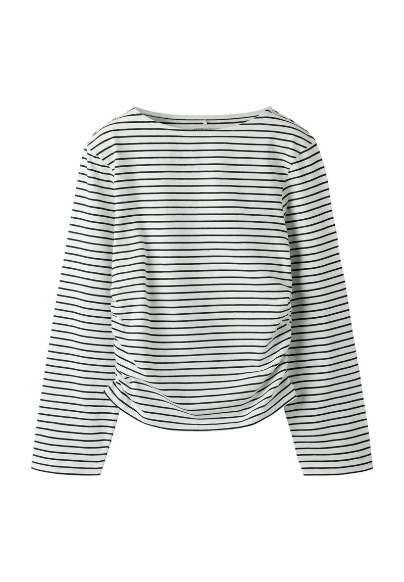 Valkoinen pitkähihainen paita mustilla vaakaraitoja, pyöreällä pääntiellä ja takana kerätty yksityiskohta. Pehmeä kangas.