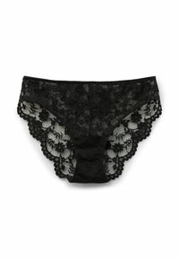 Czarna koronkowa bielizna z kwiatowymi wzorami, falbaniastymi krawędziami i przezroczystą teksturą. Zaprojektowana z myślą o niskim stanie i gładkiej talii.